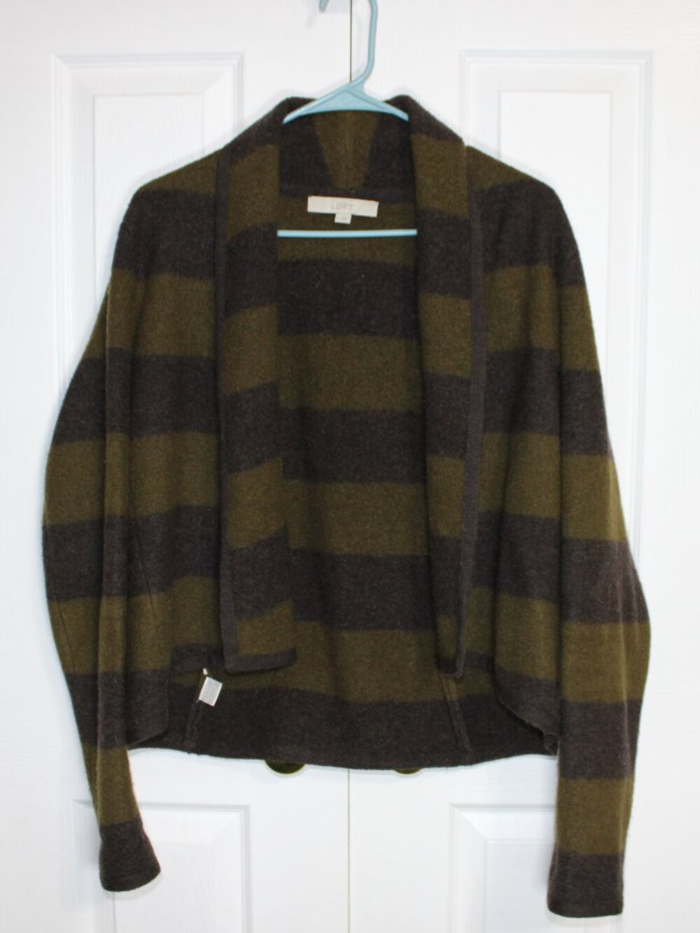 Loft Olive and Brown 100% Merino Wool Striped Knit Open Front Cardigan